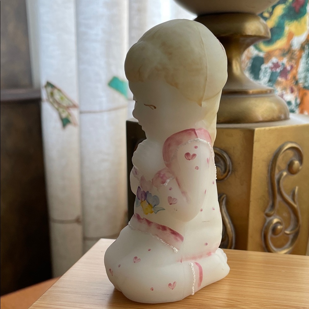 Fenton White Satin Art Glass Figurine Praying Girl Kneeling Hand- Painted Signed